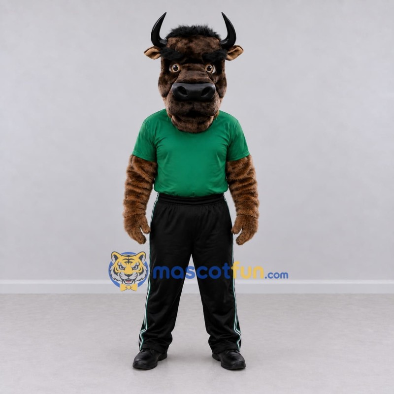 Custom Brown and Green Bull in a Shirt and Pants Mascot Costume Adult Full Body Suit for Sports Events Custom Brown and Green Bull in a Shirt and Pants Mascot Costume Adult Full Body Suit for Sports Events