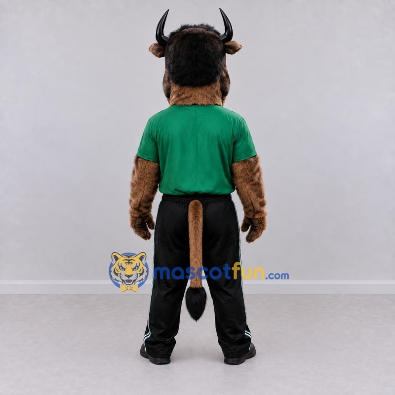 Custom Brown and Green Bull in a Shirt and Pants Mascot Costume Adult Full Body Suit for Sports Events Custom Brown and Green Bull in a Shirt and Pants Mascot Costume Adult Full Body Suit for Sports Events