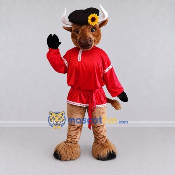 Custom Brown and Red Bull in a Tunic and Beret Mascot Costume Adult Full Body Suit for Theme Parties Custom Brown and Red Bull in a Tunic and Beret Mascot Costume Adult Full Body Suit for Theme Parties