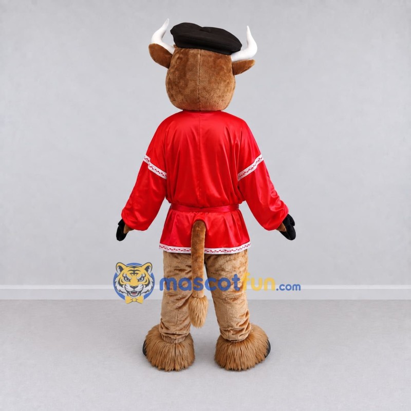 Custom Brown and Red Bull in a Tunic and Beret Mascot Costume Adult Full Body Suit for Theme Parties Custom Brown and Red Bull in a Tunic and Beret Mascot Costume Adult Full Body Suit for Theme Parties