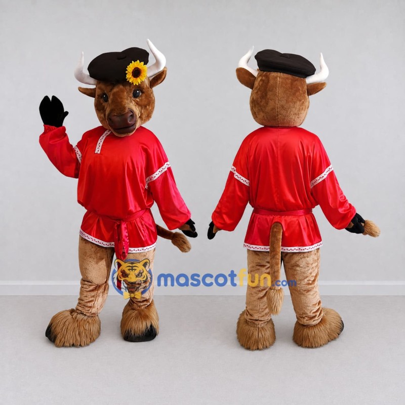 Custom Brown and Red Bull in a Tunic and Beret Mascot Costume Adult Full Body Suit for Theme Parties Custom Brown and Red Bull in a Tunic and Beret Mascot Costume Adult Full Body Suit for Theme Parties
