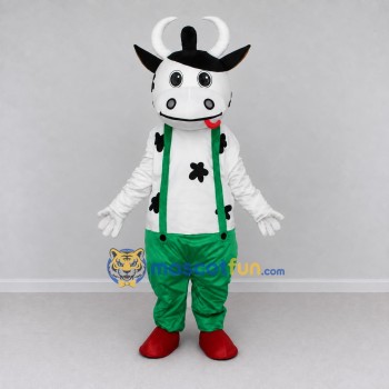 Custom Black and Green Cow in Suspenders and Pants Mascot Costume Adult Full Body Suit for School Events Custom Black and Green Cow in Suspenders and Pants Mascot Costume Adult Full Body Suit for School Events