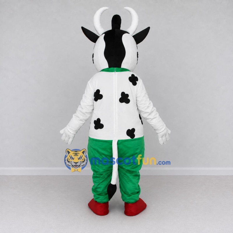 Custom Black and Green Cow in Suspenders and Pants Mascot Costume Adult Full Body Suit for School Events Custom Black and Green Cow in Suspenders and Pants Mascot Costume Adult Full Body Suit for School Events