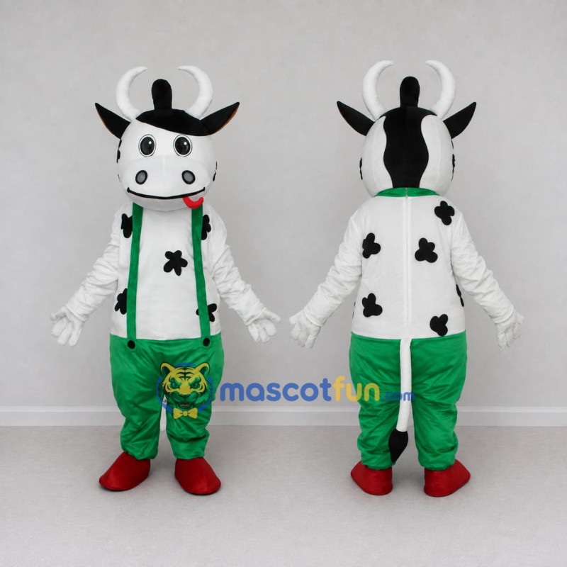 Custom Black and Green Cow in Suspenders and Pants Mascot Costume Adult Full Body Suit for School Events Custom Black and Green Cow in Suspenders and Pants Mascot Costume Adult Full Body Suit for School Events