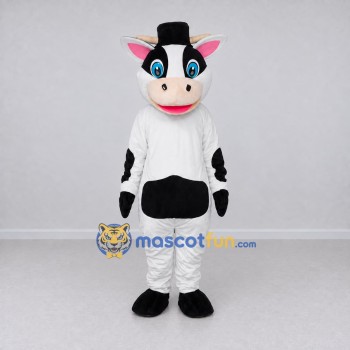 Custom Black and White Cow in a Top Hat Mascot Costume Adult Full Body Suit for Theme Parties