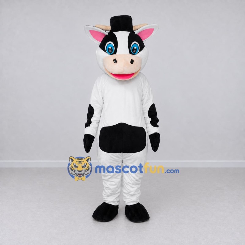 Custom Black and White Cow in a Top Hat Mascot Costume Adult Full Body Suit for Theme Parties Custom Black and White Cow in a Top Hat Mascot Costume Adult Full Body Suit for Theme Parties