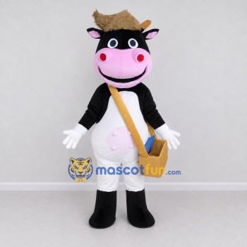 Custom Black and White Cow with a Shoulder Bag Mascot Costume Adult Full Body Suit for School Events Custom Black and White Cow with a Shoulder Bag Mascot Costume Adult Full Body Suit for School Events