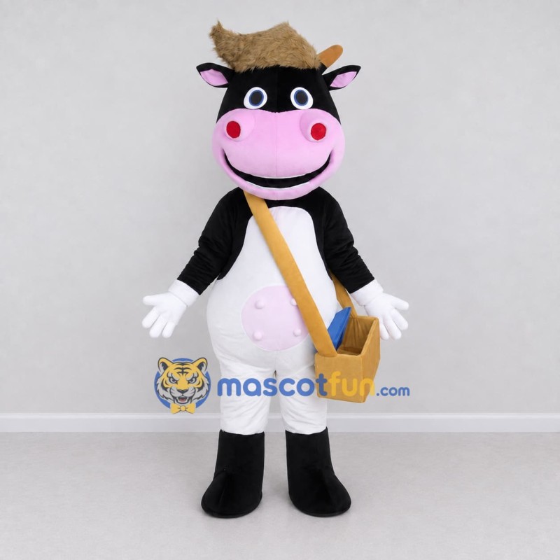 Custom Black and White Cow with a Shoulder Bag Mascot Costume Adult Full Body Suit for School Events Custom Black and White Cow with a Shoulder Bag Mascot Costume Adult Full Body Suit for School Events