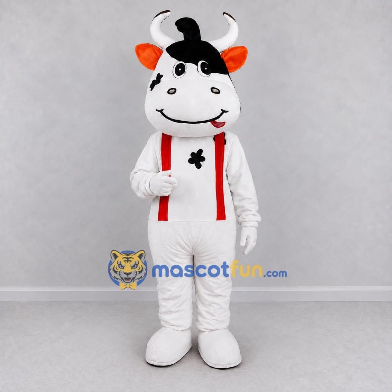 Custom Black and White Cow in Red Suspenders Mascot Costume Adult Full Body Suit for School Events Custom Black and White Cow in Red Suspenders Mascot Costume Adult Full Body Suit for School Events