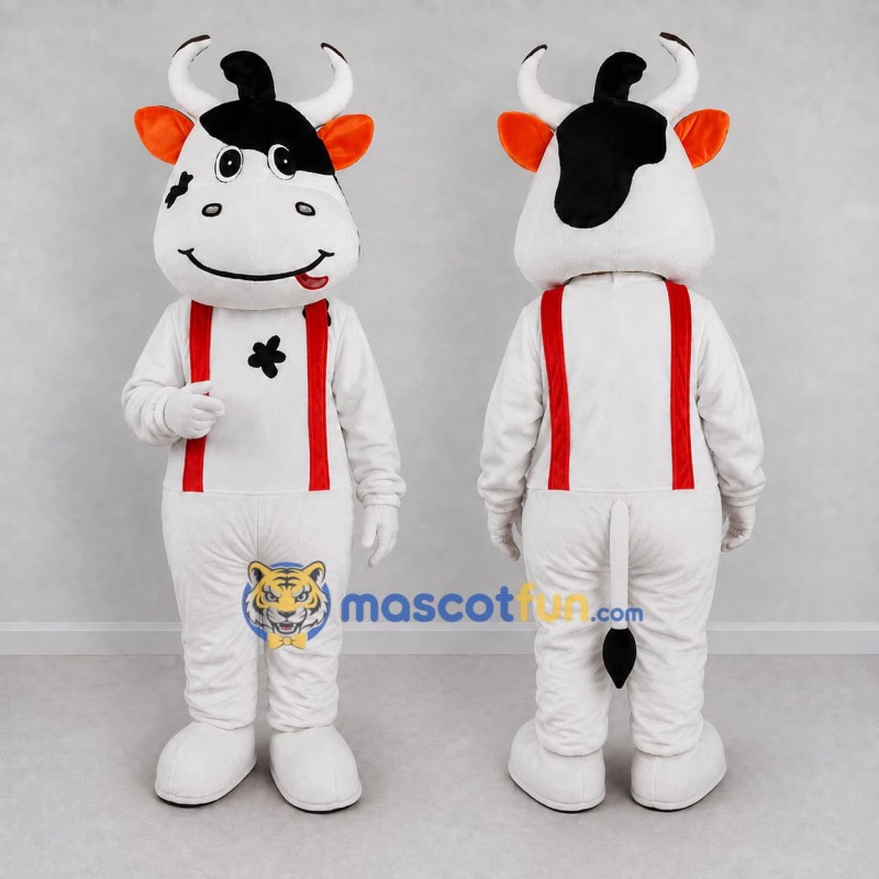 Custom Black and White Cow in Red Suspenders Mascot Costume Adult Full Body Suit for School Events Custom Black and White Cow in Red Suspenders Mascot Costume Adult Full Body Suit for School Events
