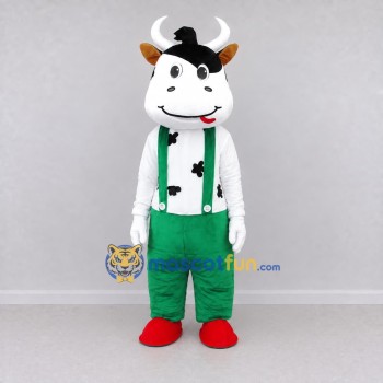 Custom Black and Green Cow in Suspenders and Pants Mascot Costume Adult Full Body Suit for School Events Custom Black and Green Cow in Suspenders and Pants Mascot Costume Adult Full Body Suit for School Events