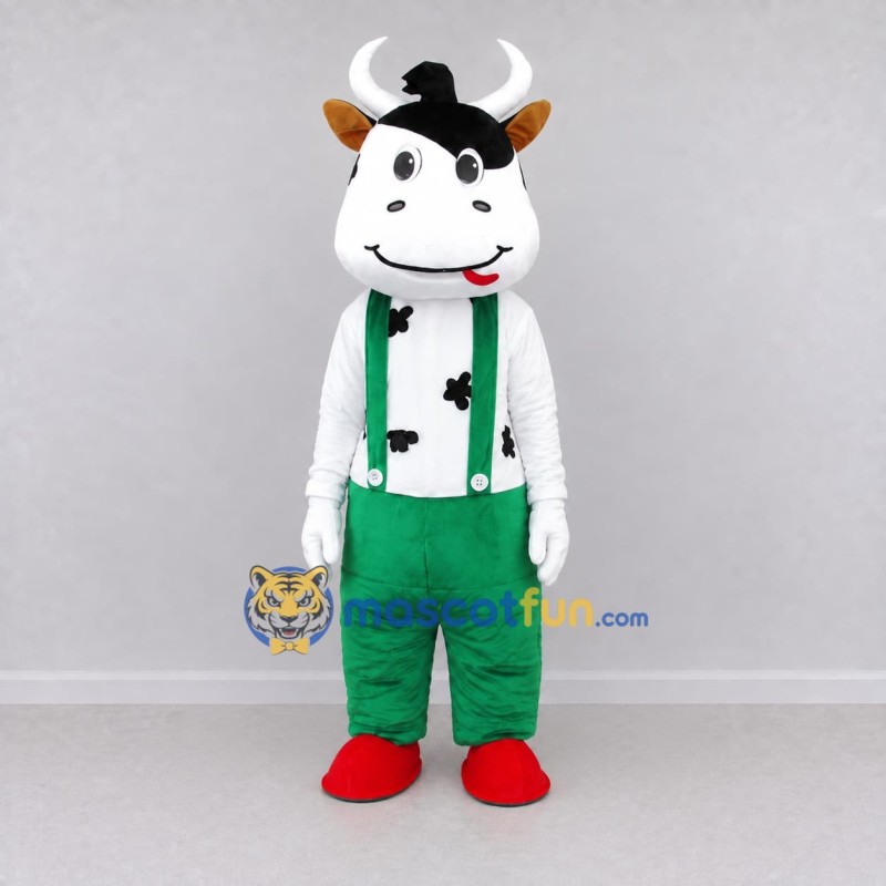 Custom Black and Green Cow in Suspenders and Pants Mascot Costume Adult Full Body Suit for School Events Custom Black and Green Cow in Suspenders and Pants Mascot Costume Adult Full Body Suit for School Events