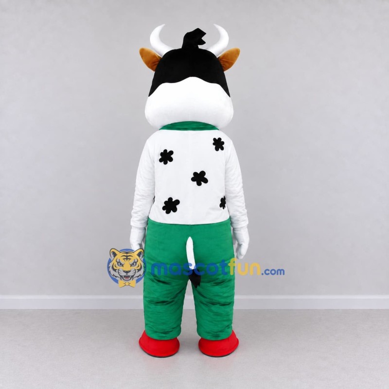 Custom Black and Green Cow in Suspenders and Pants Mascot Costume Adult Full Body Suit for School Events Custom Black and Green Cow in Suspenders and Pants Mascot Costume Adult Full Body Suit for School Events