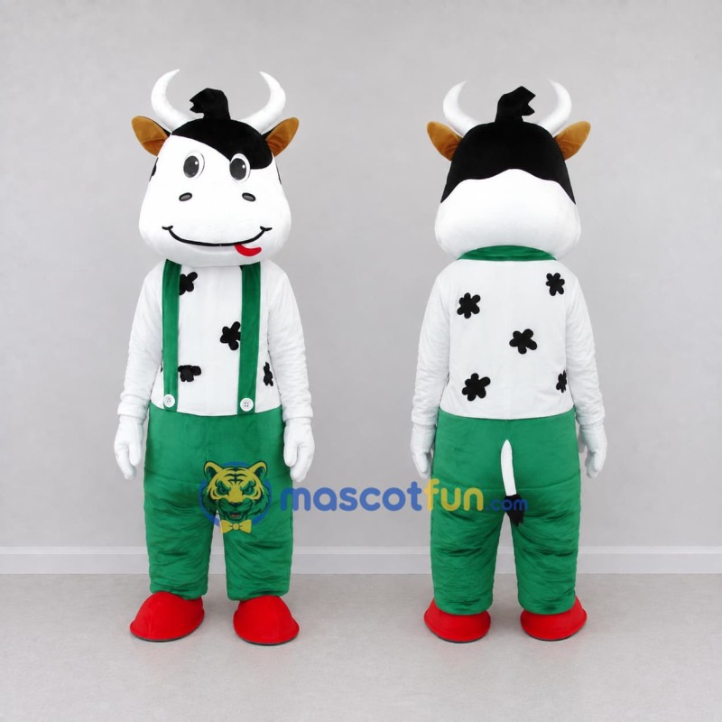 Custom Black and Green Cow in Suspenders and Pants Mascot Costume Adult Full Body Suit for School Events Custom Black and Green Cow in Suspenders and Pants Mascot Costume Adult Full Body Suit for School Events