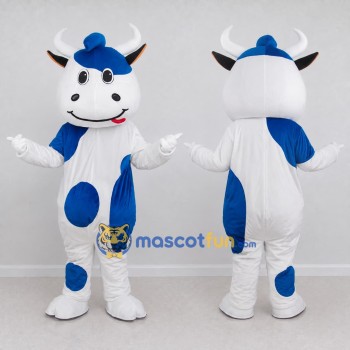 Custom Blue and White Cow Mascot Costume Adult Full Body Suit for School Events