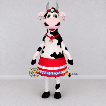 Custom Black and Red Cow in a Striped Skirt Mascot Costume Adult Full Body Suit for School Events Custom Black and Red Cow in a Striped Skirt Mascot Costume Adult Full Body Suit for School Events