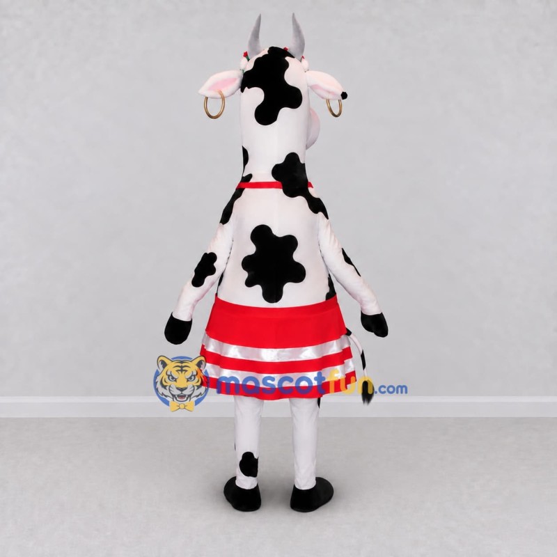 Custom Black and Red Cow in a Striped Skirt Mascot Costume Adult Full Body Suit for School Events Custom Black and Red Cow in a Striped Skirt Mascot Costume Adult Full Body Suit for School Events