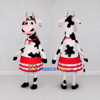 Custom Black and Red Cow in a Striped Skirt Mascot Costume Adult Full Body Suit for School Events