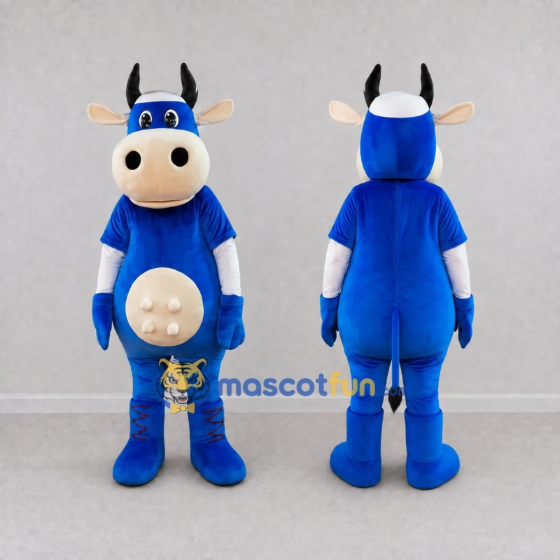 Custom Blue and Cream Cow Character Mascot Costume Adult Full Body Suit for School Events Custom Blue and Cream Cow Character Mascot Costume Adult Full Body Suit for School Events