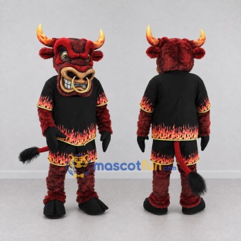 Custom Red and Black Bull in Flame Sportswear Mascot Costume Adult Full Body Suit for Sports Events