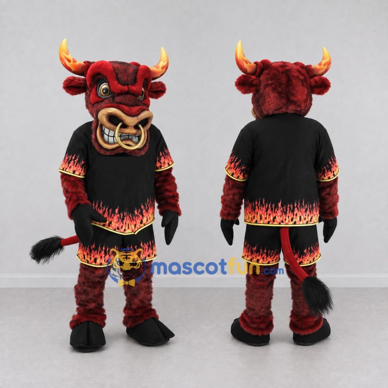 Custom Red and Black Bull in Flame Sportswear Mascot Costume Adult Full Body Suit for Sports Events