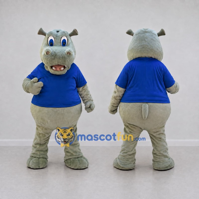 Custom Gray and Blue Hippopotamus in a T-Shirt Mascot Costume Adult Full Body Suit for School Events Custom Gray and Blue Hippopotamus in a T-Shirt Mascot Costume Adult Full Body Suit for School Events