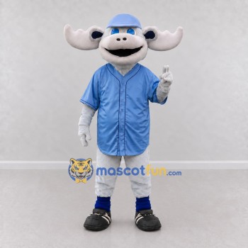 Custom White and Blue Moose in a Baseball Uniform Mascot Costume Adult Full Body Suit for Sports Events Custom White and Blue Moose in a Baseball Uniform Mascot Costume Adult Full Body Suit for Sports Events