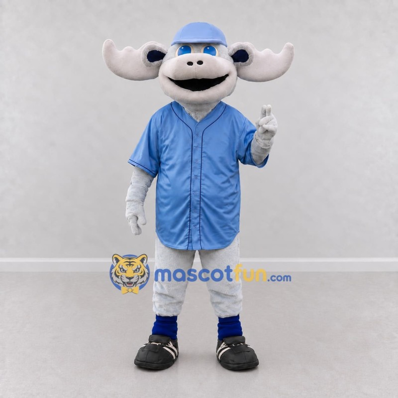 Custom White and Blue Moose in a Baseball Uniform Mascot Costume Adult Full Body Suit for Sports Events Custom White and Blue Moose in a Baseball Uniform Mascot Costume Adult Full Body Suit for Sports Events