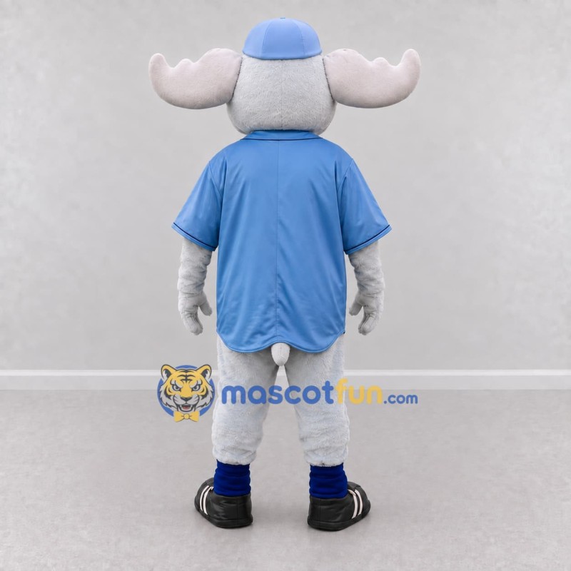 Custom White and Blue Moose in a Baseball Uniform Mascot Costume Adult Full Body Suit for Sports Events Custom White and Blue Moose in a Baseball Uniform Mascot Costume Adult Full Body Suit for Sports Events