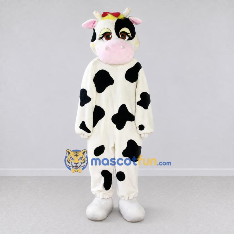 Custom Black and White Cow with a Red Bow Mascot Costume Adult Full Body Suit for Farm Events Custom Black and White Cow with a Red Bow Mascot Costume Adult Full Body Suit for Farm Events