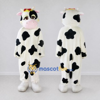 Custom Black and White Cow with a Red Bow Mascot Costume Adult Full Body Suit for Farm Events