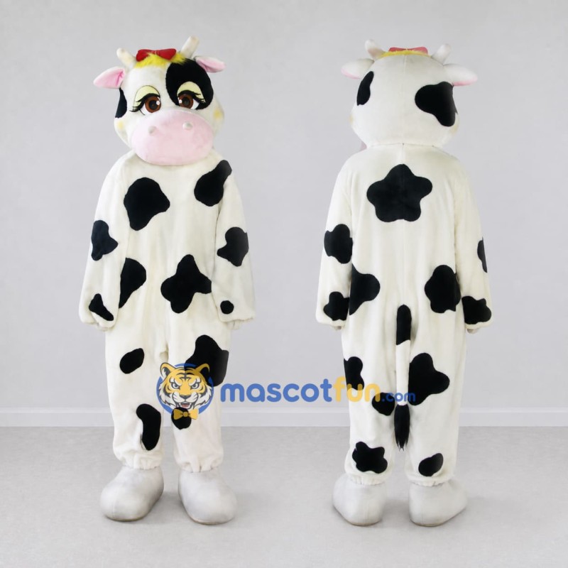 Custom Black and White Cow with a Red Bow Mascot Costume Adult Full Body Suit for Farm Events Custom Black and White Cow with a Red Bow Mascot Costume Adult Full Body Suit for Farm Events