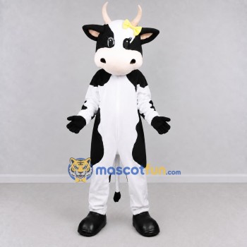 Custom Black and White Cow with a Yellow Bow Mascot Costume Adult Full Body Suit for Farm Events Custom Black and White Cow with a Yellow Bow Mascot Costume Adult Full Body Suit for Farm Events