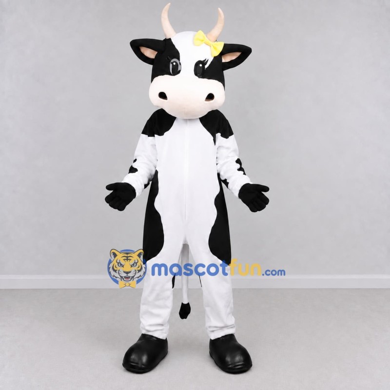 Custom Black and White Cow with a Yellow Bow Mascot Costume Adult Full Body Suit for Farm Events Custom Black and White Cow with a Yellow Bow Mascot Costume Adult Full Body Suit for Farm Events