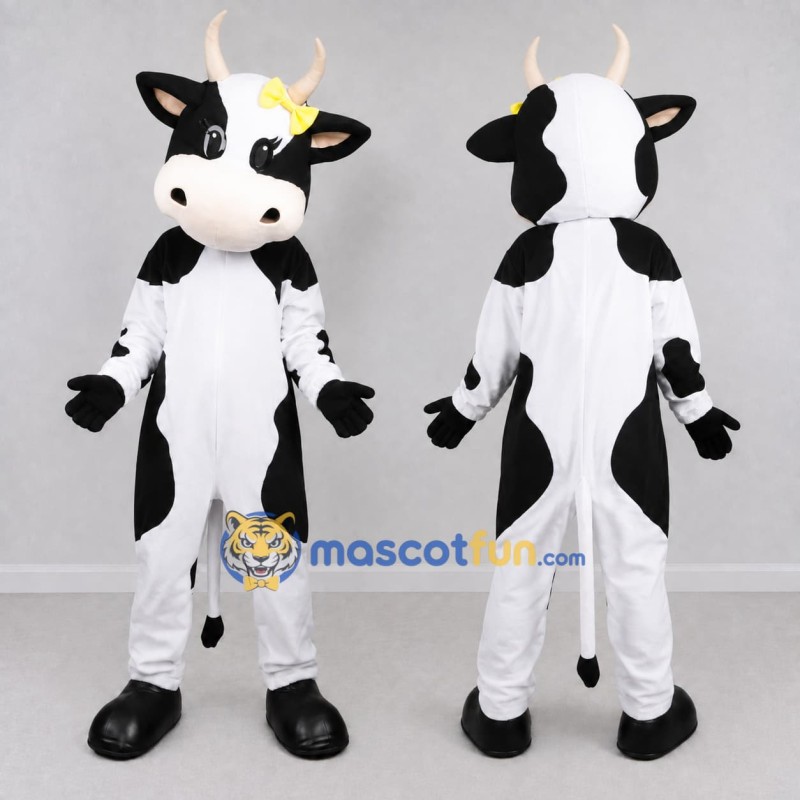Custom Black and White Cow with a Yellow Bow Mascot Costume Adult Full Body Suit for Farm Events Custom Black and White Cow with a Yellow Bow Mascot Costume Adult Full Body Suit for Farm Events