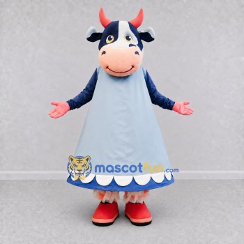 Custom Blue and Light Blue Cow in a Dress Mascot Costume Adult Full Body Suit for School Events