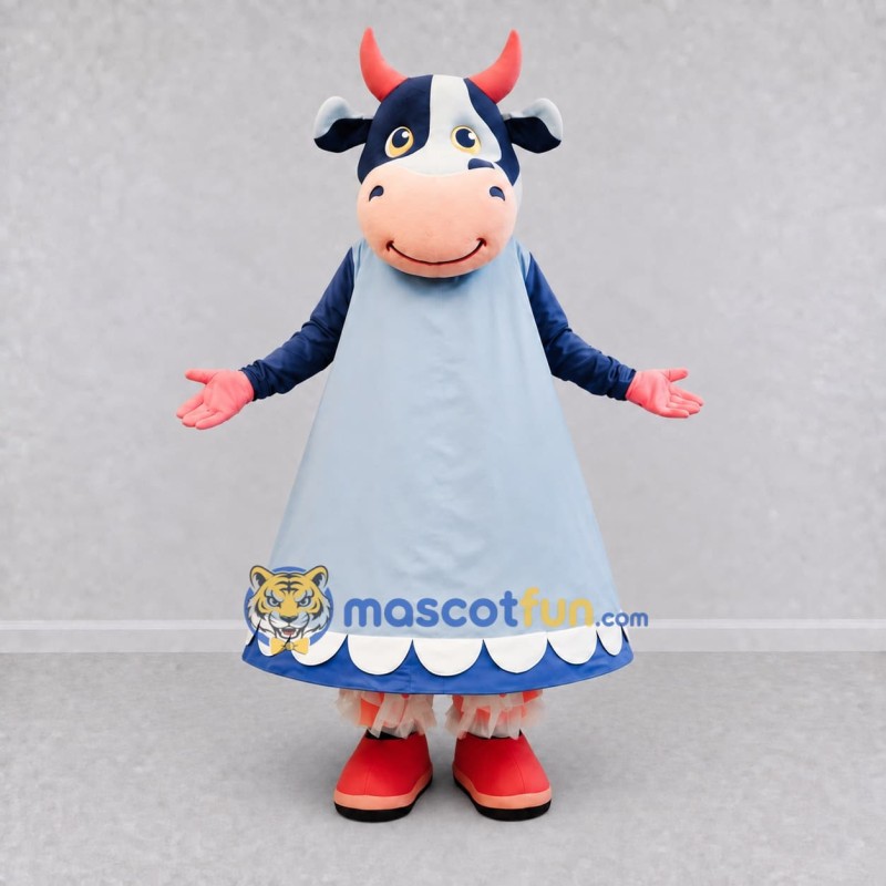Custom Blue and Light Blue Cow in a Dress Mascot Costume Adult Full Body Suit for School Events Custom Blue and Light Blue Cow in a Dress Mascot Costume Adult Full Body Suit for School Events