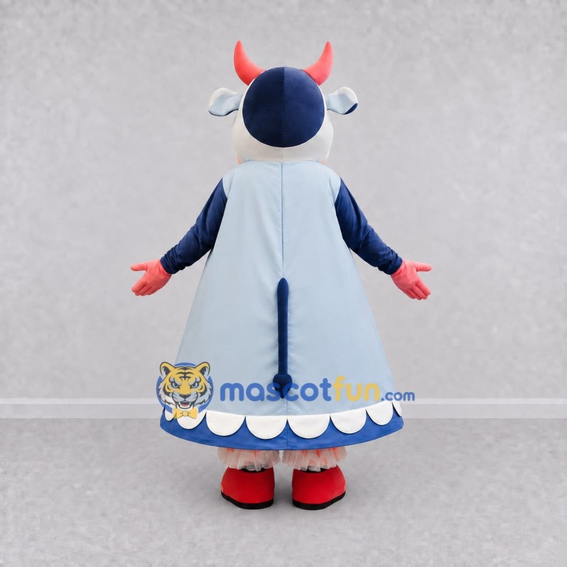 Custom Blue and Light Blue Cow in a Dress Mascot Costume Adult Full Body Suit for School Events Custom Blue and Light Blue Cow in a Dress Mascot Costume Adult Full Body Suit for School Events