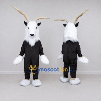 Custom Black and White Goat with Long Horns Mascot Costume Adult Full Body Suit for Farm Events