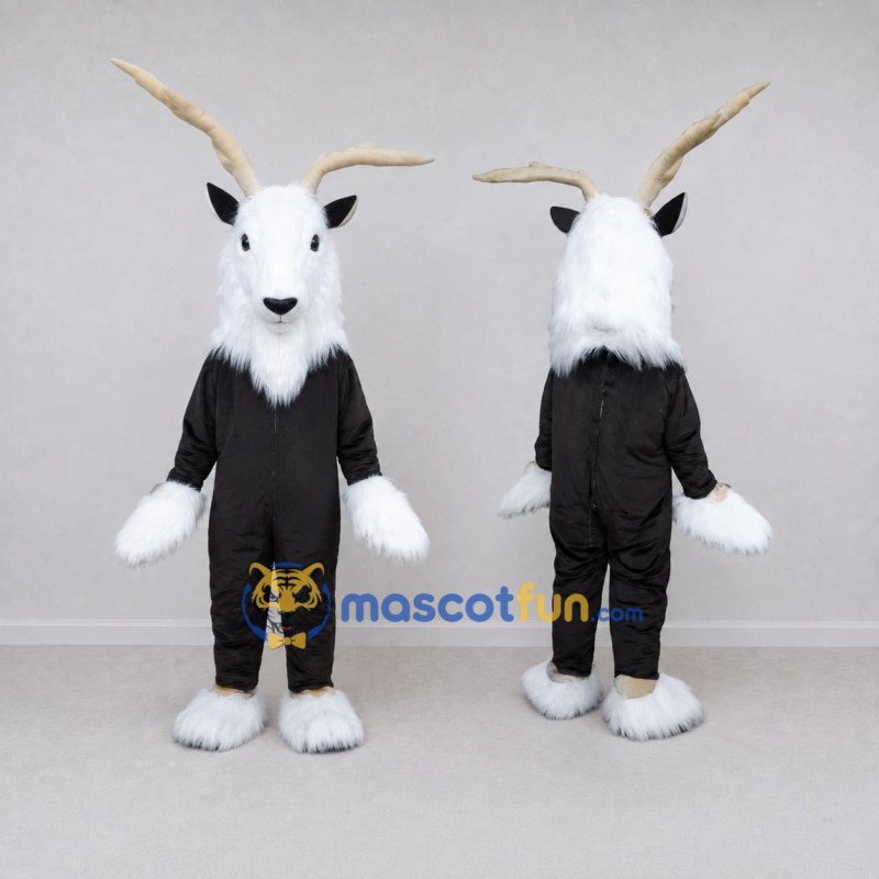 Custom Black and White Goat with Long Horns Mascot Costume Adult Full Body Suit for Farm Events Custom Black and White Goat with Long Horns Mascot Costume Adult Full Body Suit for Farm Events