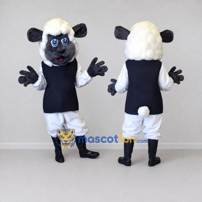 Custom Black and White Sheep in a Vest Mascot Costume Adult Full Body Suit for School Events Custom Black and White Sheep in a Vest Mascot Costume Adult Full Body Suit for School Events