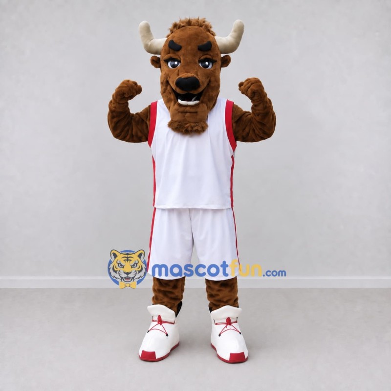 Custom Brown and White Bison in Basketball Sportswear Mascot Costume Adult Full Body Suit for Sports Events Custom Brown and White Bison in Basketball Sportswear Mascot Costume Adult Full Body Suit for Sports Events