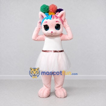 Custom Pink and White Cat in a Dress with a Colorful Headpiece Mascot Costume Adult Full Body Suit for Theme Parties