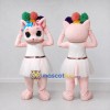 Custom Pink and White Cat in a Dress with a Colorful Headpiece Mascot Costume Adult Full Body Suit for Theme Parties Custom Pink and White Cat in a Dress with a Colorful Headpiece Mascot Costume Adult Full Body Suit for Theme Parties