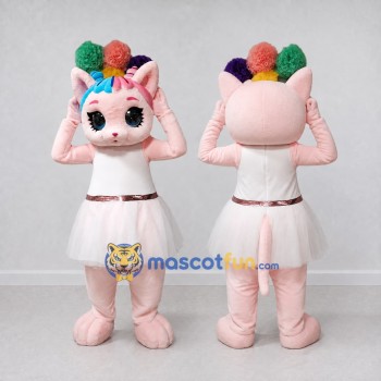 Custom Pink and White Cat in a Dress with a Colorful Headpiece Mascot Costume Adult Full Body Suit for Theme Parties