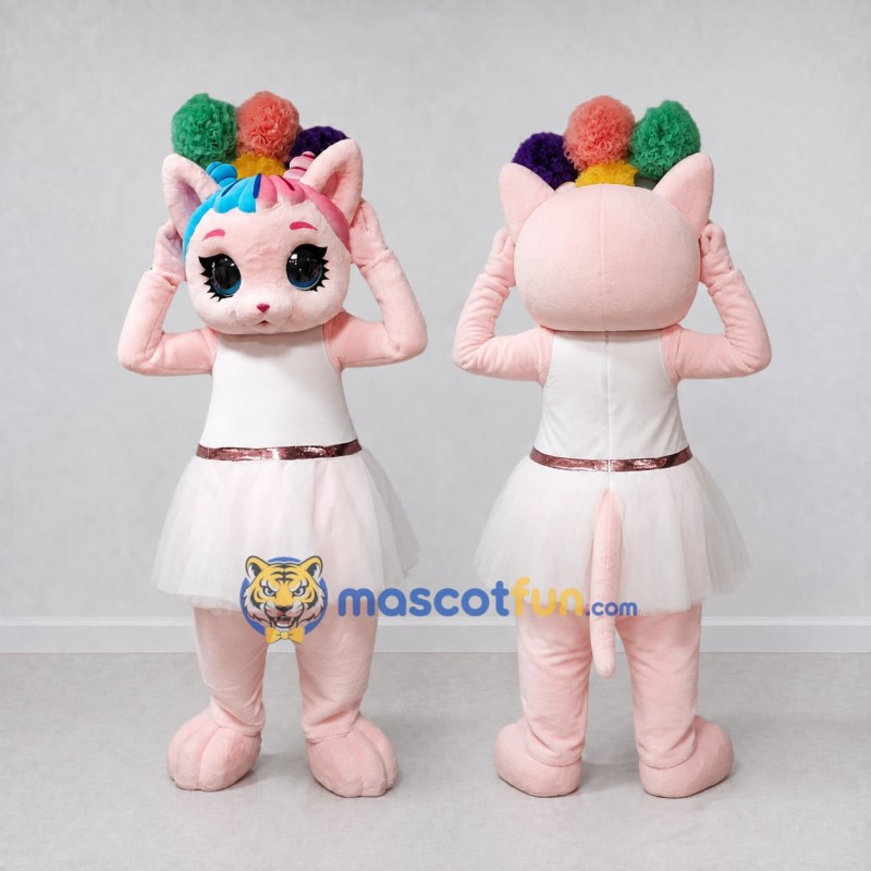 Custom Pink and White Cat in a Dress with a Colorful Headpiece Mascot Costume Adult Full Body Suit for Theme Parties Custom Pink and White Cat in a Dress with a Colorful Headpiece Mascot Costume Adult Full Body Suit for Theme Parties