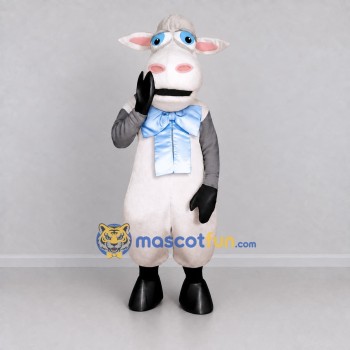 Custom White and Gray Cow with a Blue Bow Tie Mascot Costume Adult Full Body Suit for School Events Custom White and Gray Cow with a Blue Bow Tie Mascot Costume Adult Full Body Suit for School Events