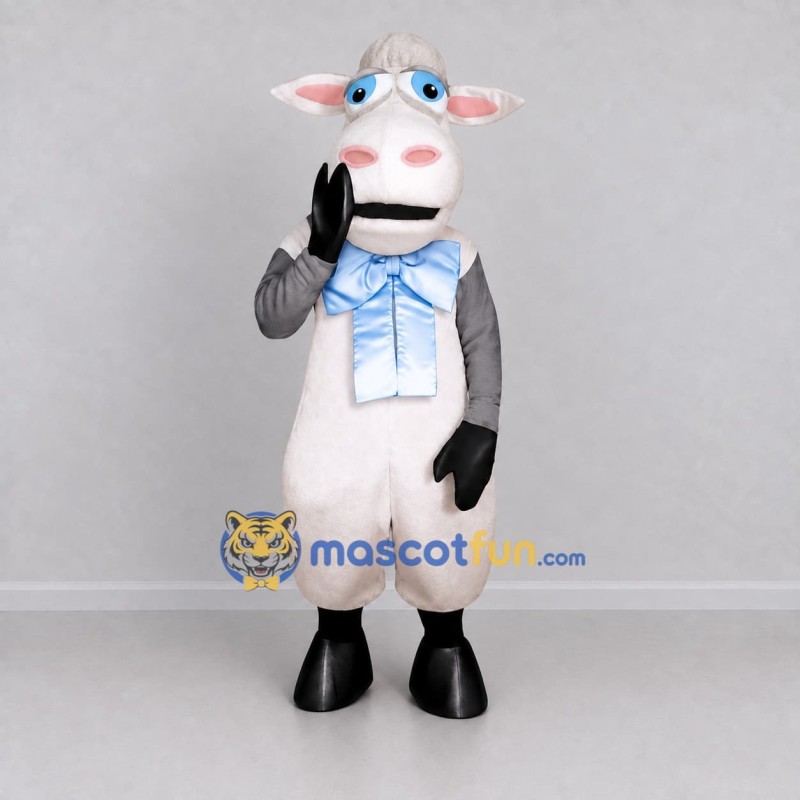 Custom White and Gray Cow with a Blue Bow Tie Mascot Costume Adult Full Body Suit for School Events Custom White and Gray Cow with a Blue Bow Tie Mascot Costume Adult Full Body Suit for School Events