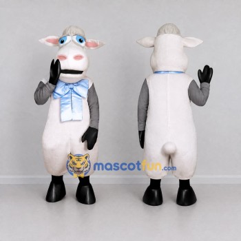 Custom White and Gray Cow with a Blue Bow Tie Mascot Costume Adult Full Body Suit for School Events