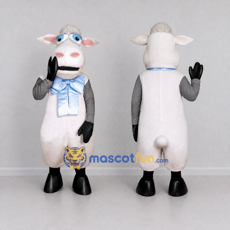 Custom White and Gray Cow with a Blue Bow Tie Mascot Costume Adult Full Body Suit for School Events Custom White and Gray Cow with a Blue Bow Tie Mascot Costume Adult Full Body Suit for School Events